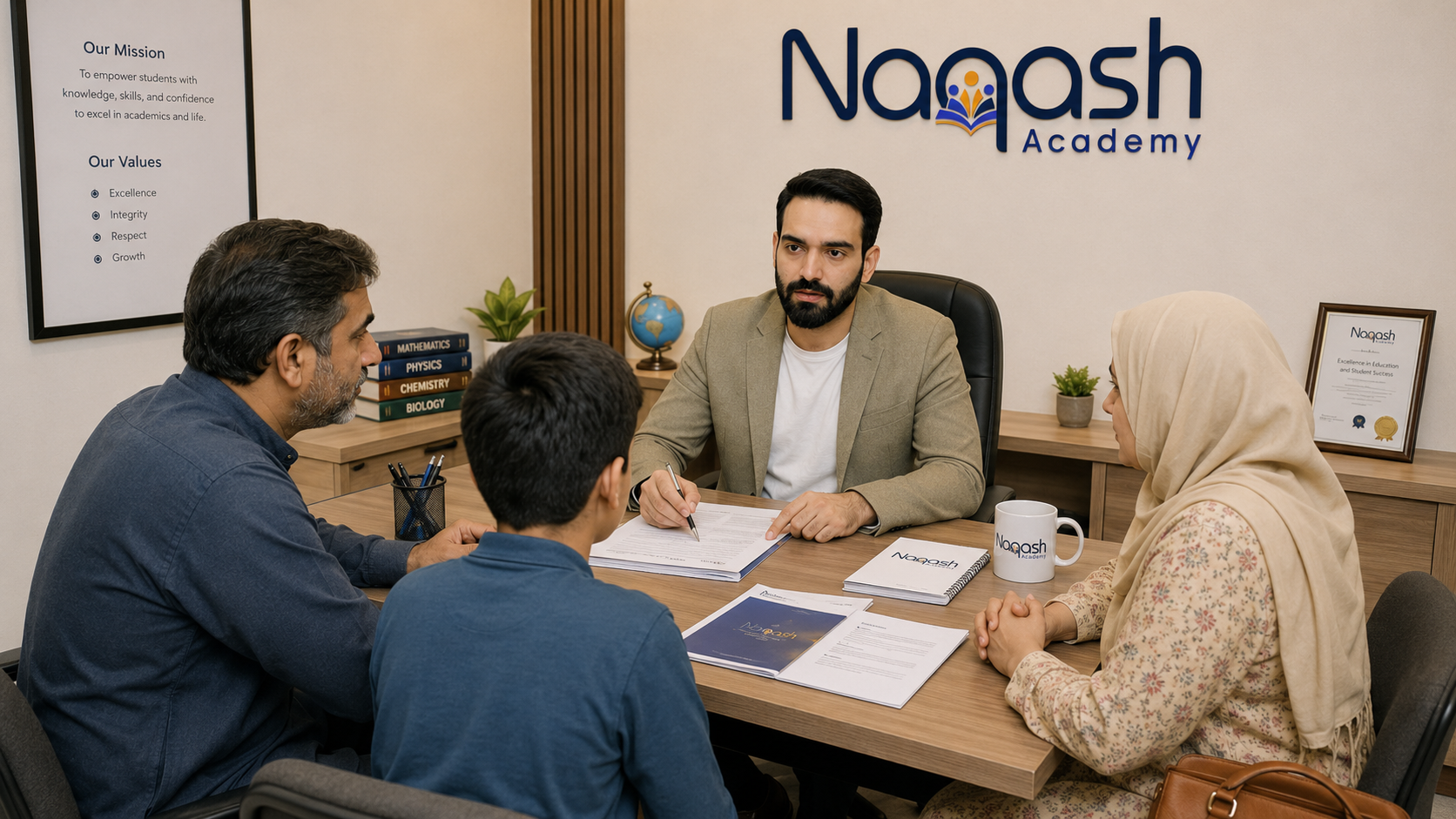 Parents and student during an admission meeting at Naqash Academy