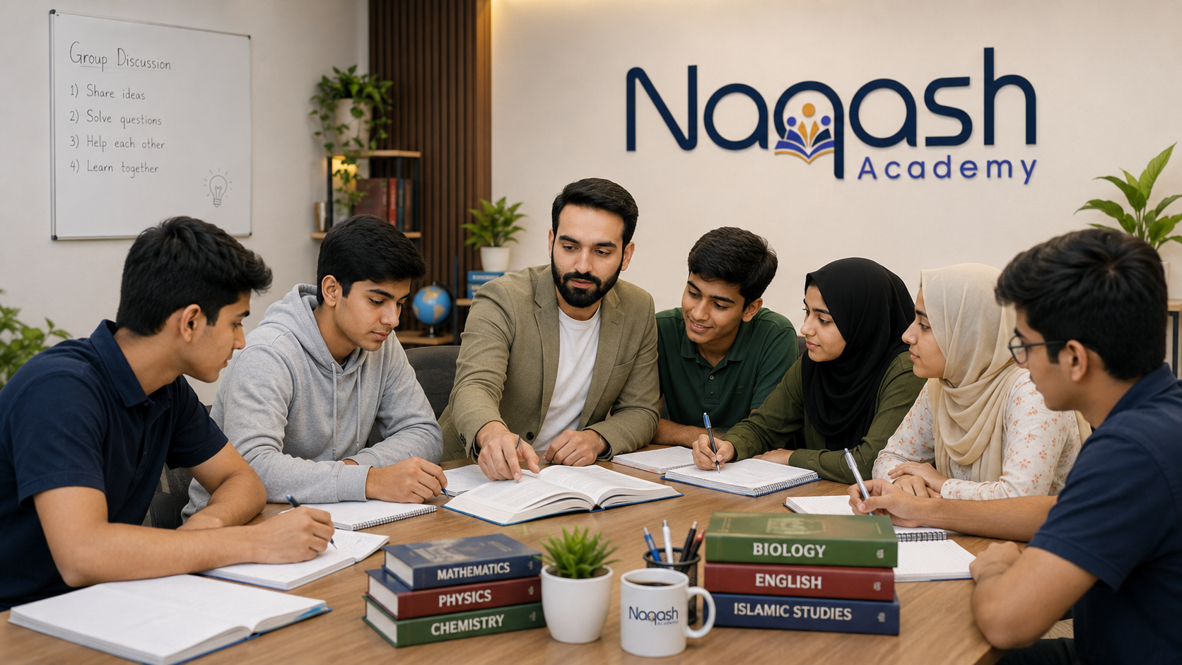 Naqash Academy teacher guiding students in a group study session