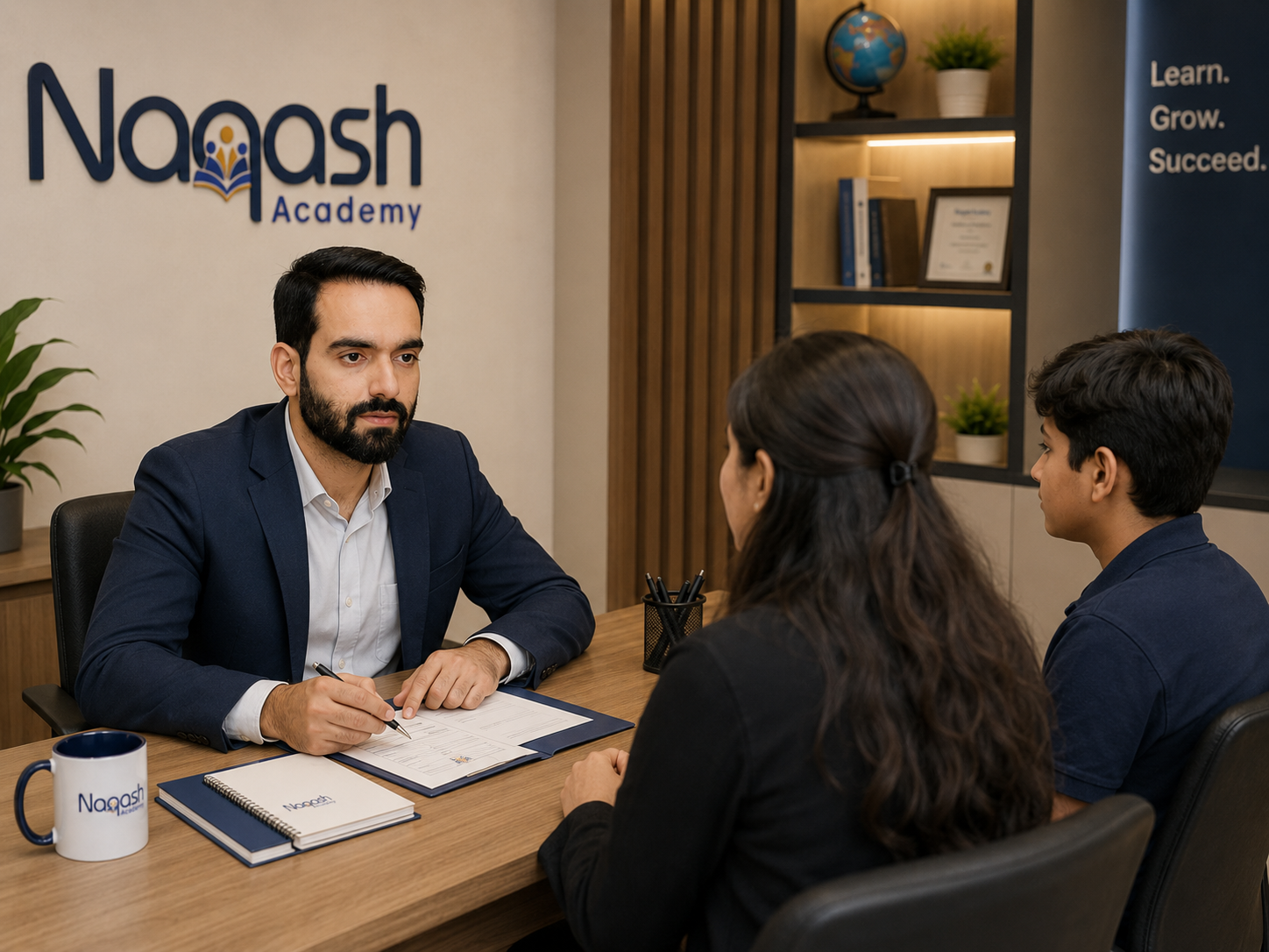 Naqash Academy admissions consultation with a parent and student