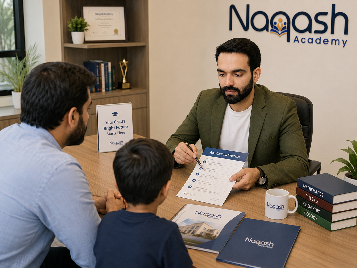 Naqash explaining the admissions process to a family