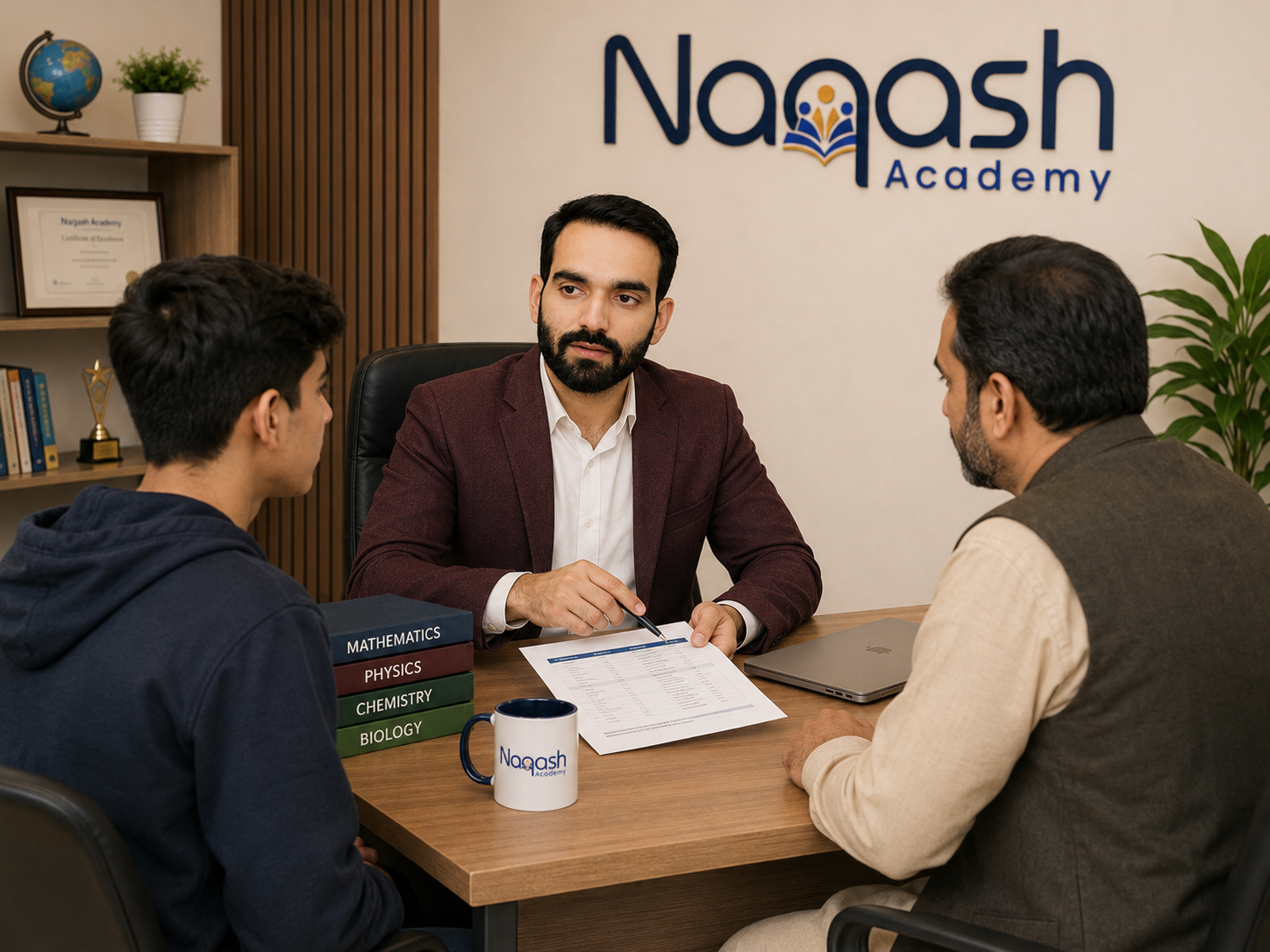 Naqash guiding a student and parent